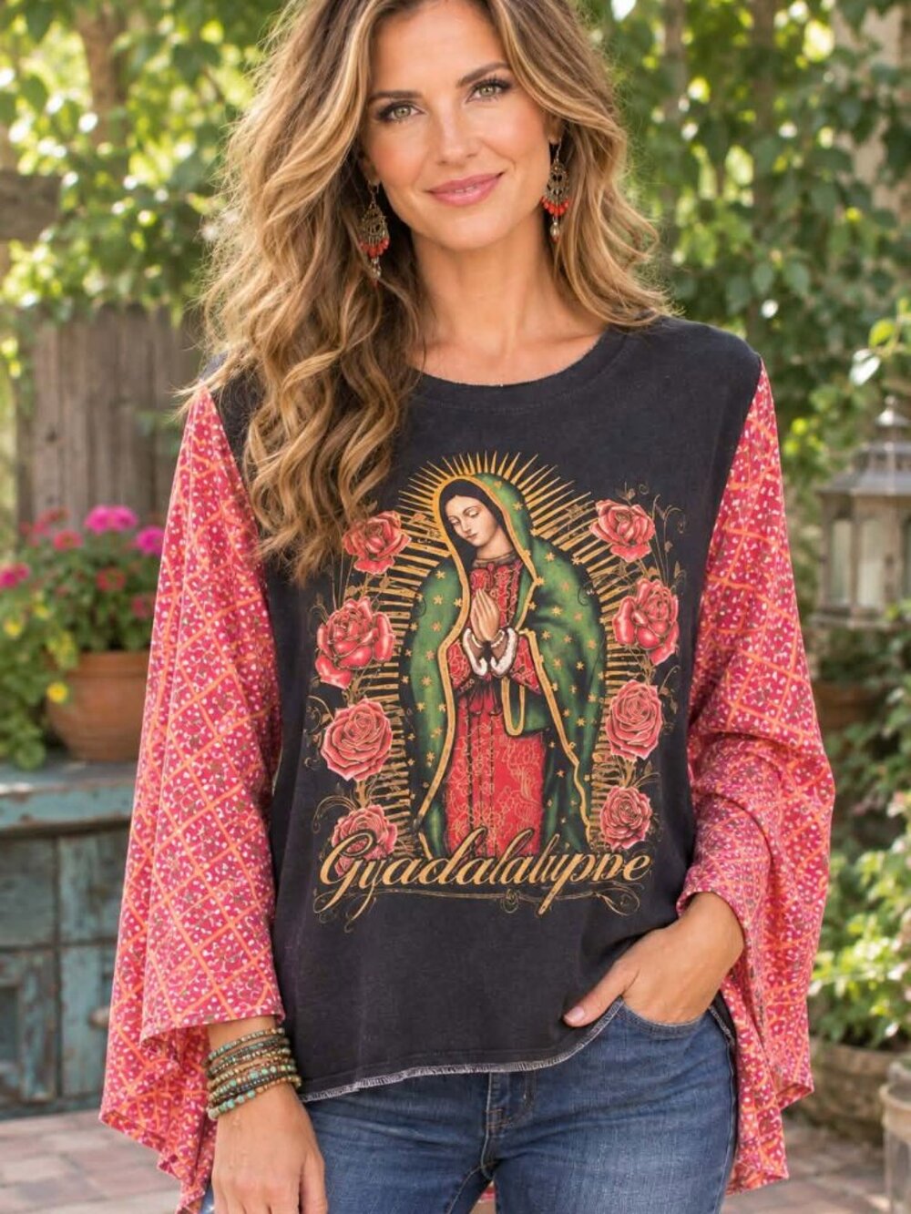 Women's Handmade Blessed Mother Roses Glitter Poncho Upcycle One Size Free Size